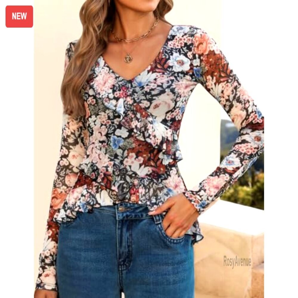 Long Sleeve Floral Ruffle V-Neck Blouse, Slim Fit, Fall Fashion Top - Picture 3 of 7